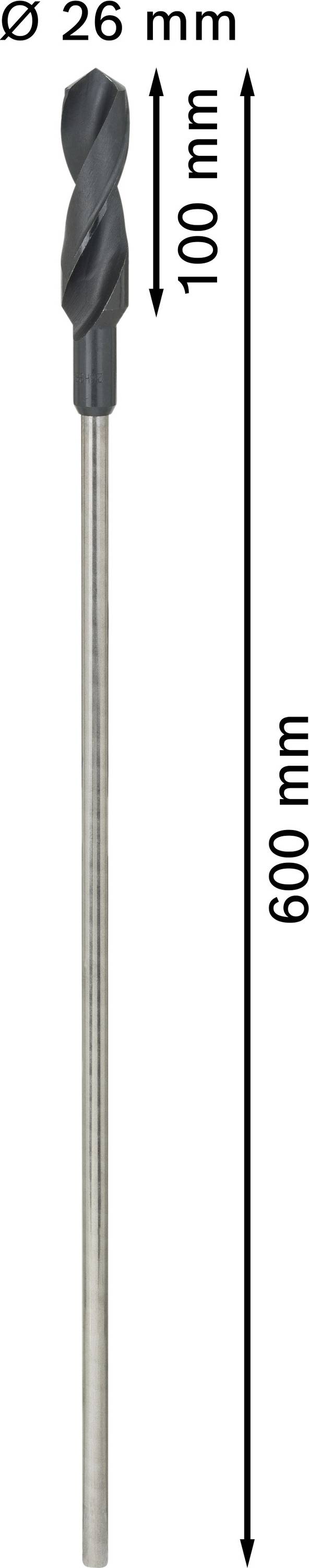 Wiertło o średnicy 26 mm i całkowitej długości 600 mm, z czego 100 mm stanowi spiralny obszar tnący.