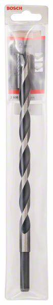 Końcówka wiertarska Bosch w przezroczystym opakowaniu, odpowiednia do metalu i drewna, z czarną spiralą i srebrnym uchwytem.