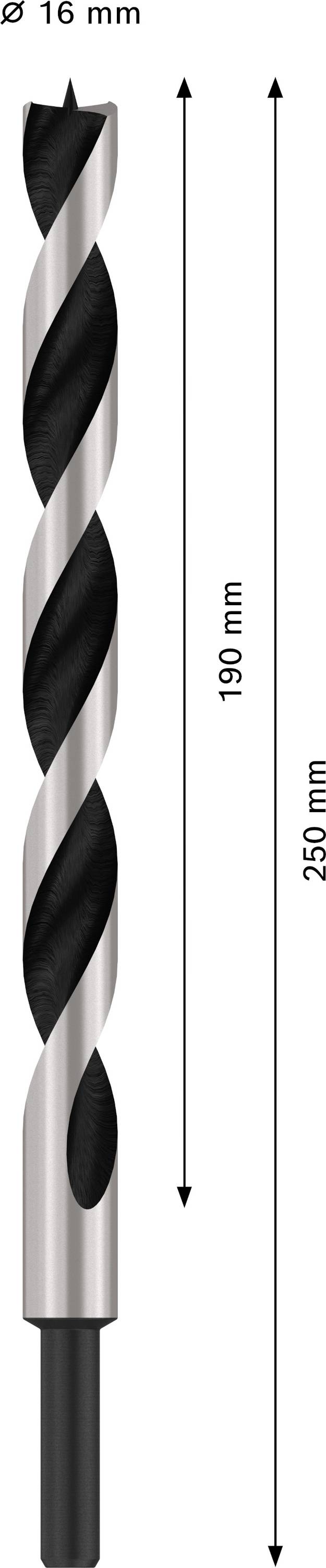 Ilustracja wiertła spiralnego. Średnica: 16 mm, długość spirali: 190 mm, długość całkowita: 250 mm.