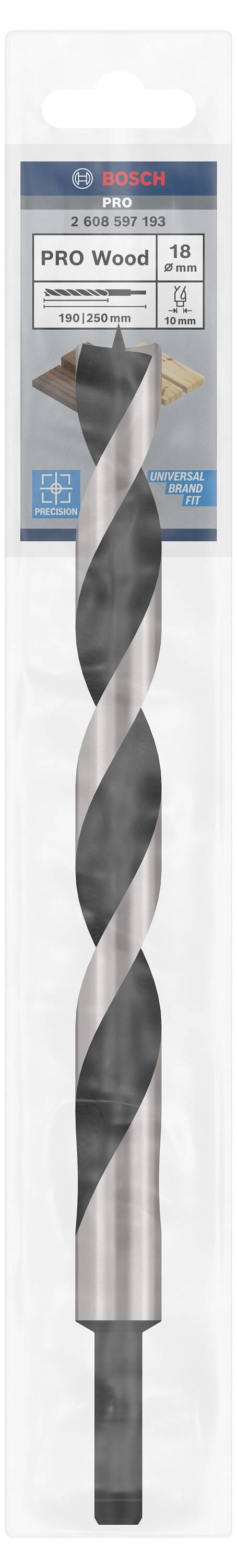 Wiertło do drewna Bosch w oryginalnym opakowaniu. Kształt spiralny, odpowiednie do prac w drewnie, ze szczegółowymi wskazówkami dotyczącymi rozmiarów i zastosowania.