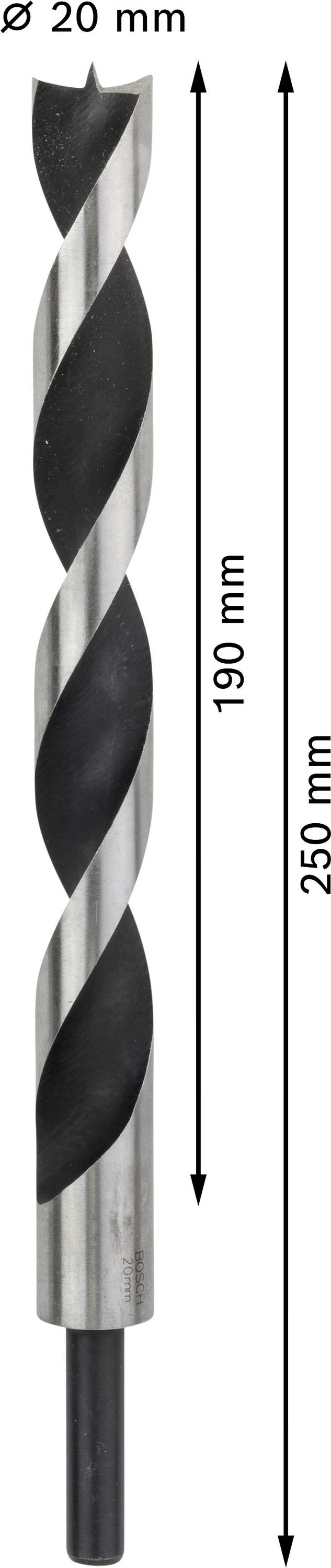 Wiertło o średnicy 20 mm, długości całkowitej 250 mm i długości użytkowej 190 mm.