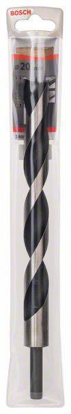 Wiertło Bosch w opakowaniu blisterowym, o mocno skręconym, spiralnym kształcie i średnicy 20 mm.