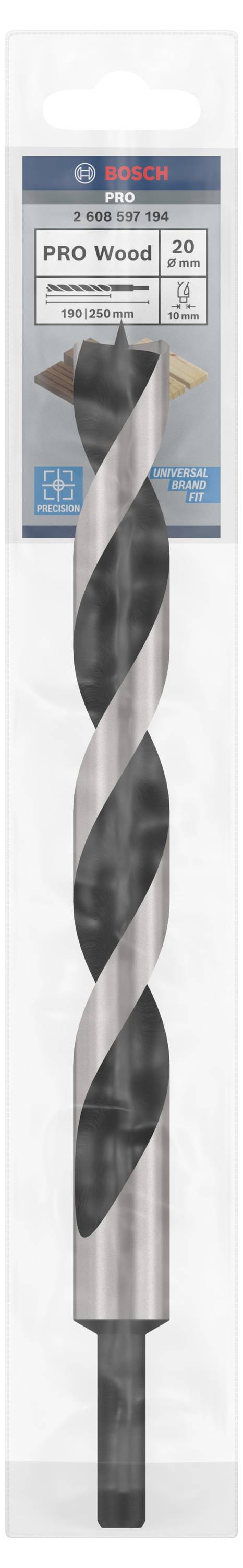Wiertło w opakowaniu, marka Bosch, model 'PRO Wood', przeznaczone do prac w drewnie. Rozmiar: 20 mm. Produkt ma spiralny kształt.