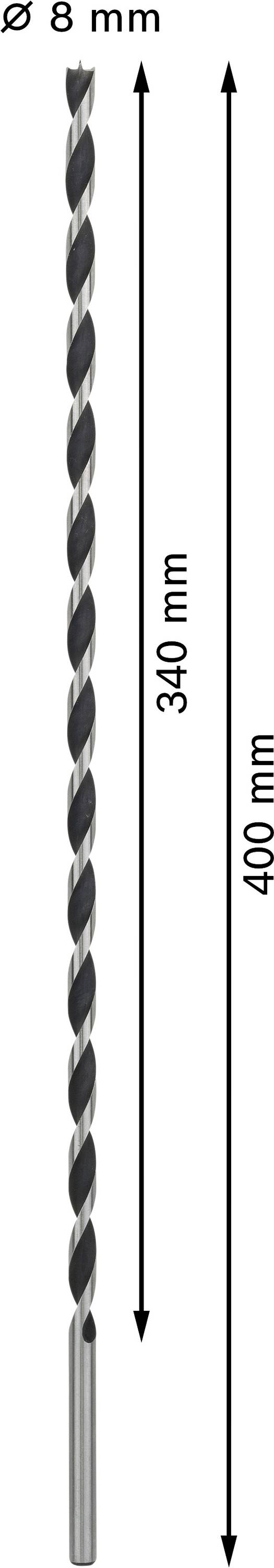 Długie wiertło o średnicy 8 mm, długość całkowita 400 mm, długość użytkowa 340 mm.
