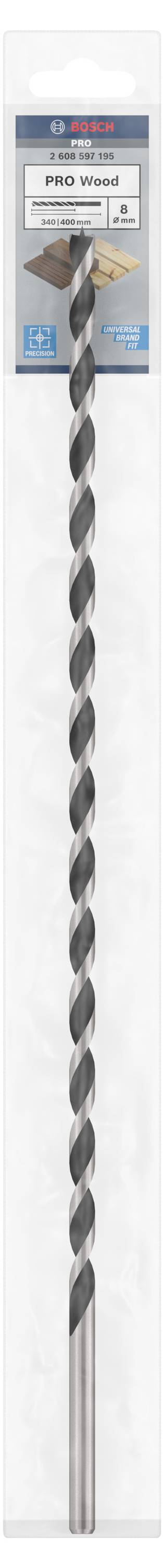 Długie, spiralne wiertło w opakowaniu, oznaczone jako odpowiednie do betonu. Nazwa produktu i marka u góry opakowania.