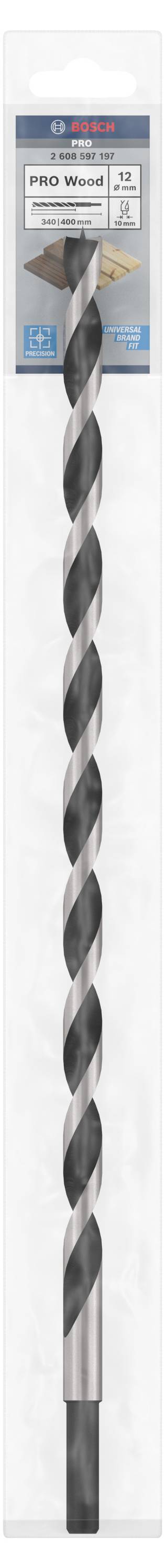 Wiertło o spiralnym wzorze, zapakowane w plastikową osłonkę. Górna część wiertła pokazuje opakowanie ze specyfikacjami.