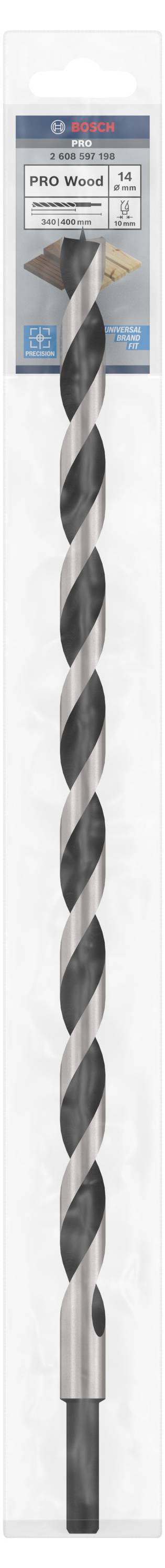 Wiertło z stabilnymi, spiralnymi krawędziami tnącymi, odpowiednie do betonu i muru. Opakowanie z informacjami o produkcie.