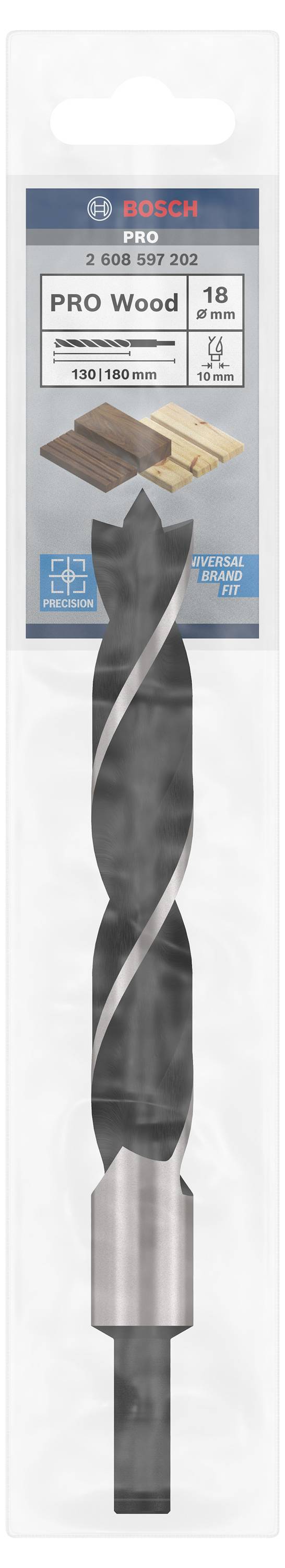 Wiertło do drewna 'Bosch Pro Wood', 18 mm, do prac w drewnie, szara forma wiertła spiralnego, zapakowane w przezroczysty blister z etykietą.