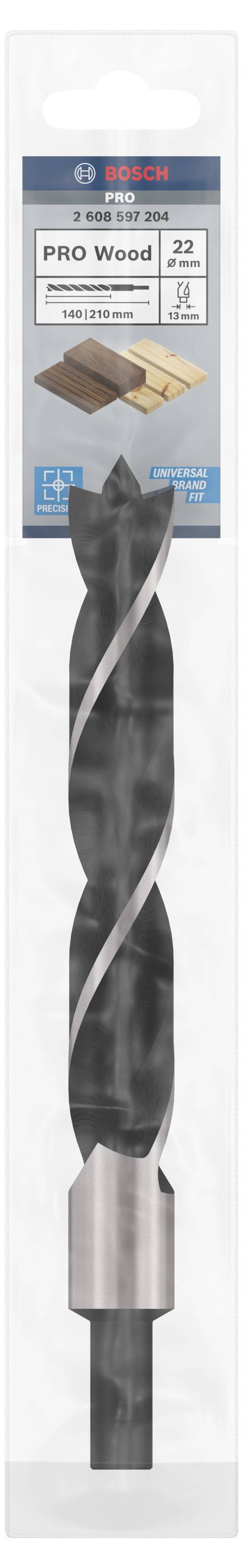 Wiertło do prac w drewnie firmy Bosch, model 'PRO Wood' o średnicy 22 mm, zapakowane w przezroczystą osłonkę.