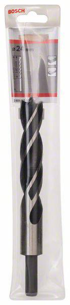 Końcówka wiertarska w opakowaniu firmy Bosch z czarnym ostrzem spiralnym. Etykieta wskazuje średnicę 25 mm i długość 159 mm.