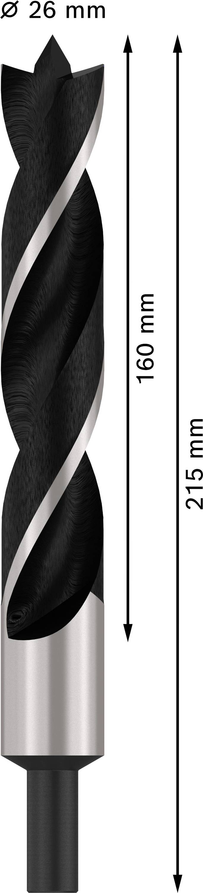 Wiertło o średnicy 26 mm, długości użytkowej 160 mm i długości całkowitej 215 mm. Ciemnoszara spirala ze srebrną końcówką i trzpieniem.
