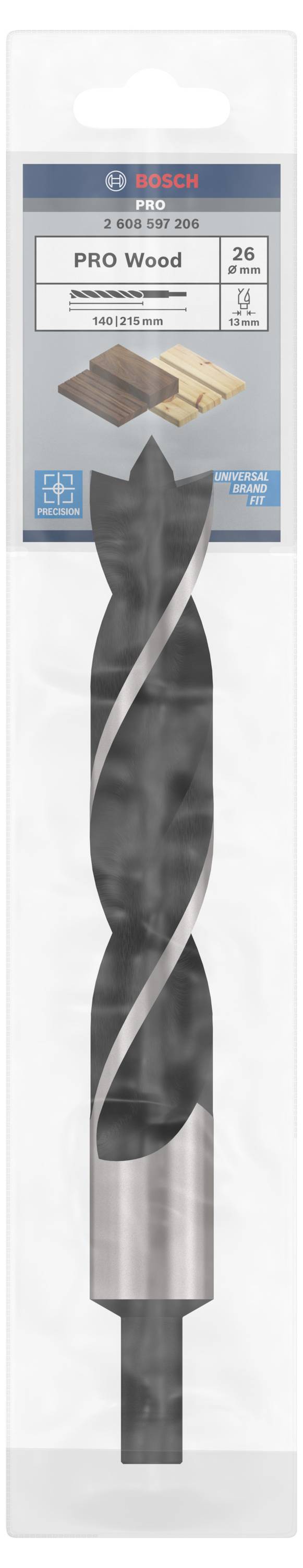 Wiertło Bosch do prac w drewnie, "PRO Wood", średnica 26 mm. Zapakowane w przezroczystą osłonę z informacjami o produkcie.
