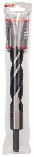 Wiertło firmy Bosch w przezroczystym opakowaniu plastikowym, z etykietą zawierającą specyfikacje, odpowiednie do wiercenia w drewnie lub metalu.