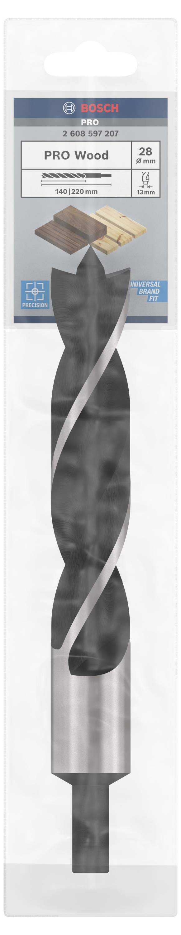 Wiertło marki Bosch do obróbki drewna, zapakowane w przezroczyste opakowanie plastikowe. Widok z góry na narzędzie.