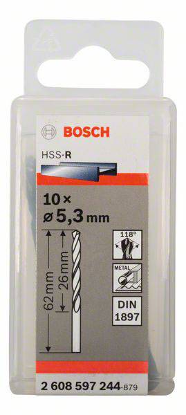 Opakowanie wiertła firmy Bosch. Zawiera 10 sztuk, rozmiar: 5,3 mm średnicy i 62 mm długości. Odpowiednie do metalu, norma DIN 1897.
