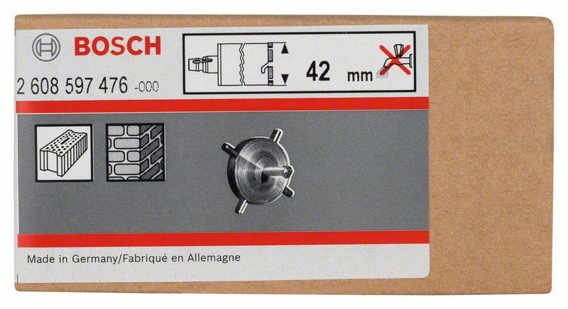 Opakowanie piły otworowej Bosch o średnicy 42 mm, przeznaczonej do murów. Zawiera ilustracje przedstawiające zastosowanie produktu, kraj produkcji: Niemcy.