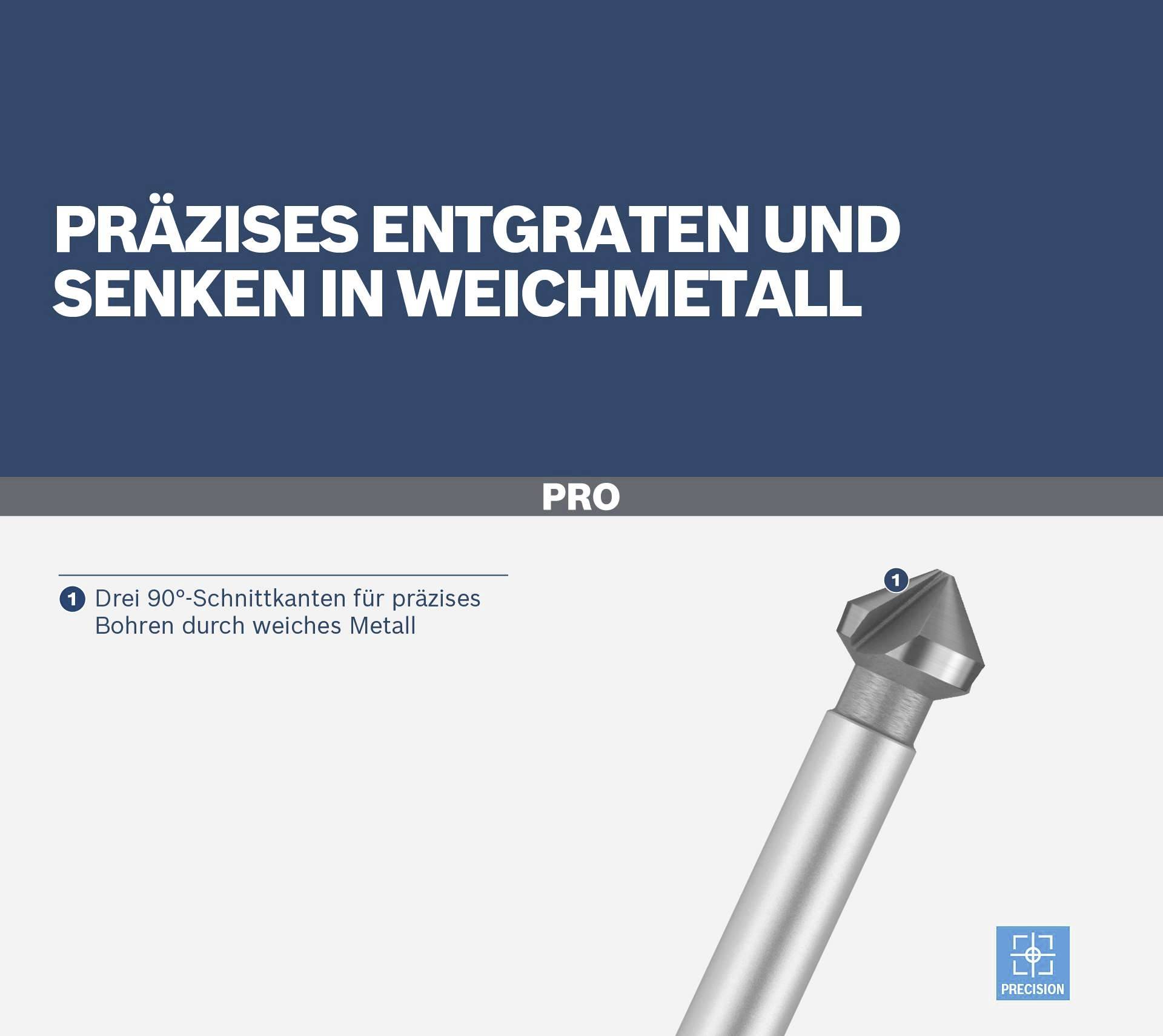 Strona tytułowa przedstawia frez z napisem 'Precyzyjne gratowanie i fazowanie w miękkim metalu', podkreślając krawędzie tnące pod kątem 90° przeznaczone do miękkiego metalu.