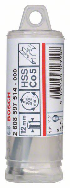 Etykieta wiertła z oznaczeniami rozmiaru i materiału: 12 mm, HSS, Co5, odpowiedni do metalu i drewna.