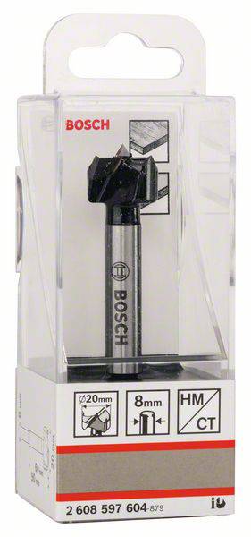 Opakowanie wiertła Forstner firmy Bosch. Wiertło ma średnicę 20 mm i uchwyt o średnicy 8 mm.