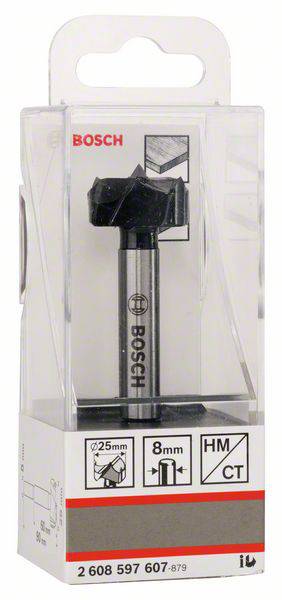 Wiertło do drewna w plastikowym etui, odpowiednie do otworów 8 mm z główką 25 mm. Widoczne logo marki. Opakowanie z diagramem technicznym.