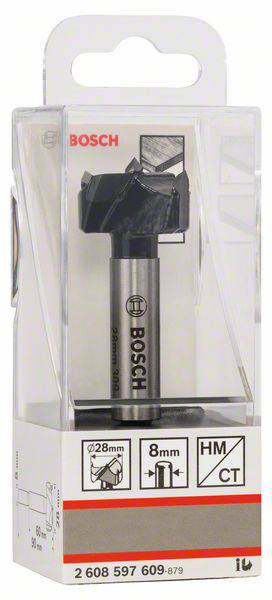 Opakowanie frezu Bosch o średnicy 28 mm i trzpieniu 8 mm, przeznaczonego do obróbki drewna, z węglikowymi ostrzami tnącymi.