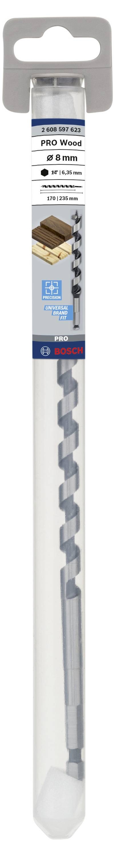 Wiertło w opakowaniu, odpowiednie do wiercenia w drewnie. Zdjęcie produktu przedstawia długie, spiralne narzędzie wiertnicze firmy Bosch.