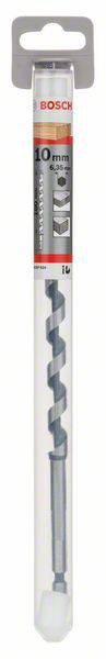 Wiertło 10 mm firmy Bosch w opakowaniu, odpowiednie do metalu, drewna i betonu. Opakowanie przedstawia szczegóły wiertła i logo marki.