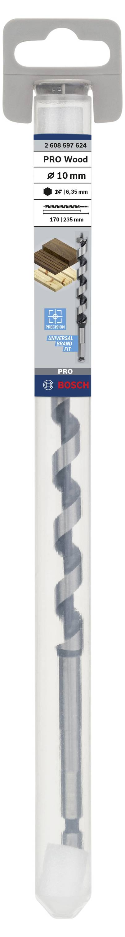 Wiertła spiralne Bosch do drewna w plastikowym etui, odpowiednie do precyzyjnego wiercenia w drewnie. Zawiera informacje o rozmiarze i kompatybilności materiałowej.