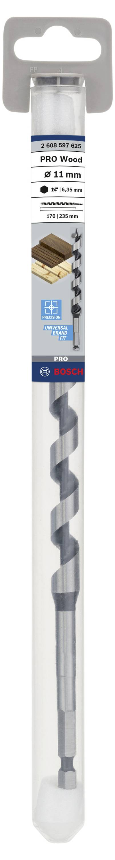 Wiertło do drewna 'Bosch Pro Wood', średnica 11 mm, do precyzyjnego wiercenia w drewnie, opakowanie z tworzywa sztucznego z zawieszką.