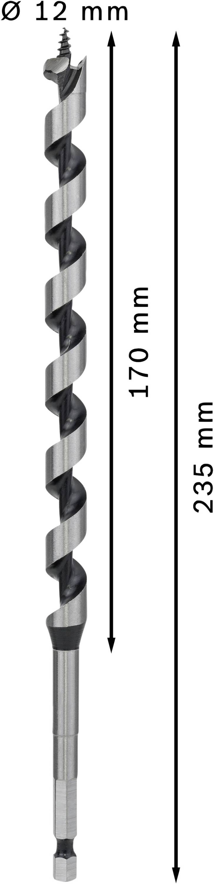 Wiertło, średnica 12 mm, długość całkowita 235 mm, część robocza 170 mm, ze spiralnymi ostrzami skrawającymi.
