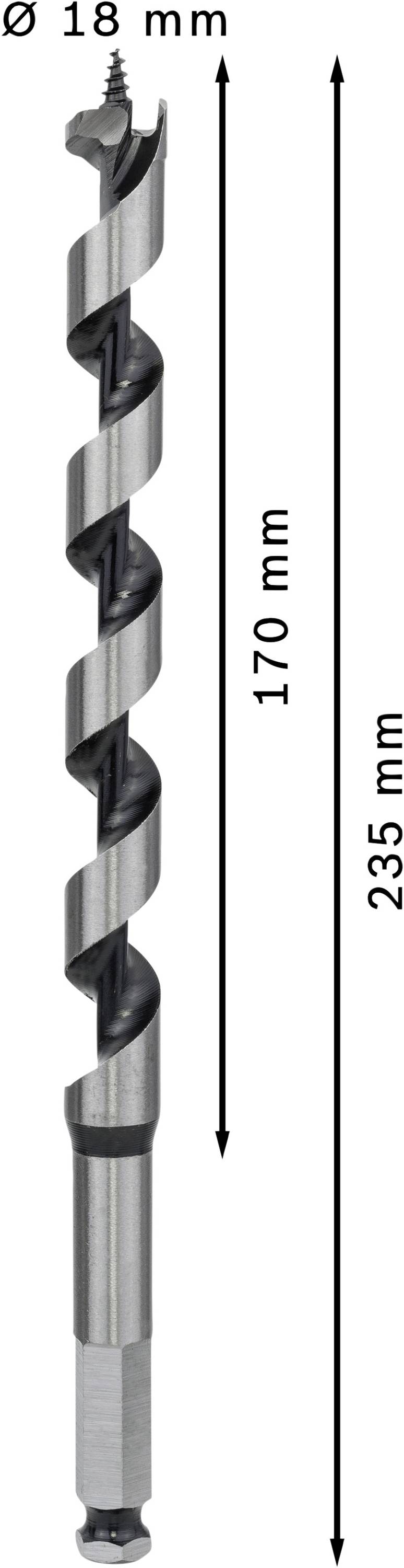 Wiertło spiralne o średnicy 18 mm i całkowitej długości 235 mm, przy czym część tnąca ma długość 170 mm.