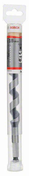Wiertło spiralne Bosch do drewna w opakowaniu z tworzywa sztucznego, o średnicy 18 mm. Odpowiednie do prac stolarskich, w kształcie spirali dla wydajnego wiercenia.