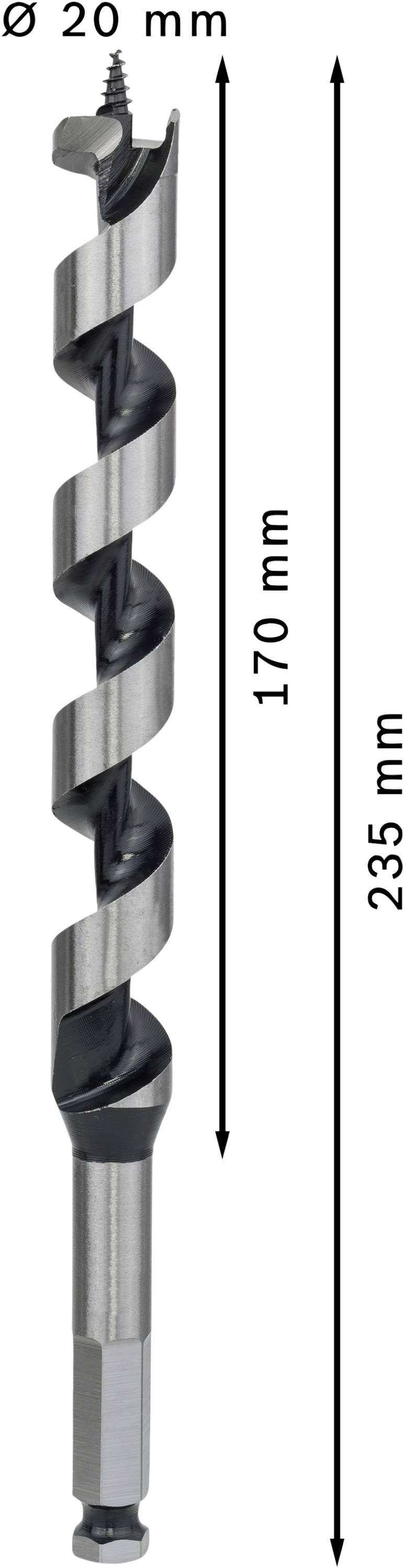 Wiertło o długości 235 mm, ze spiralą 170 mm i średnicy 20 mm.