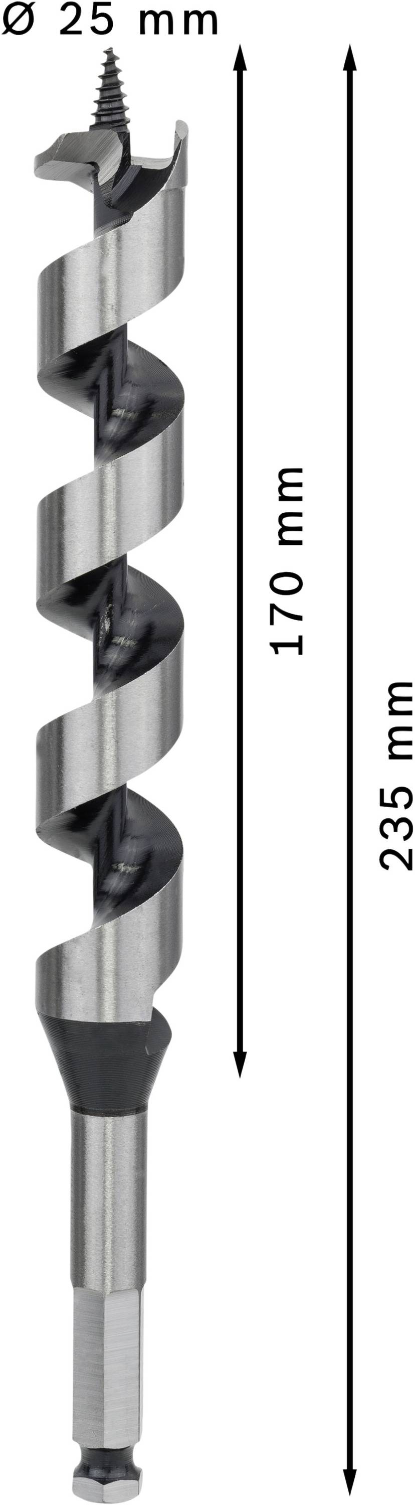 Świder spiralny o średnicy 25 mm i długości 235 mm, w tym 170 mm spirali.