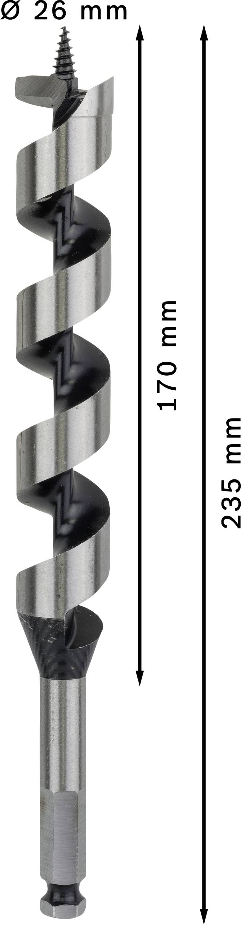 Wiertło o średnicy 26 mm i całkowitej długości 235 mm, długość użytkowa 170 mm, z drewnianą gwintowaną końcówką do precyzyjnego wiercenia w drewnie.