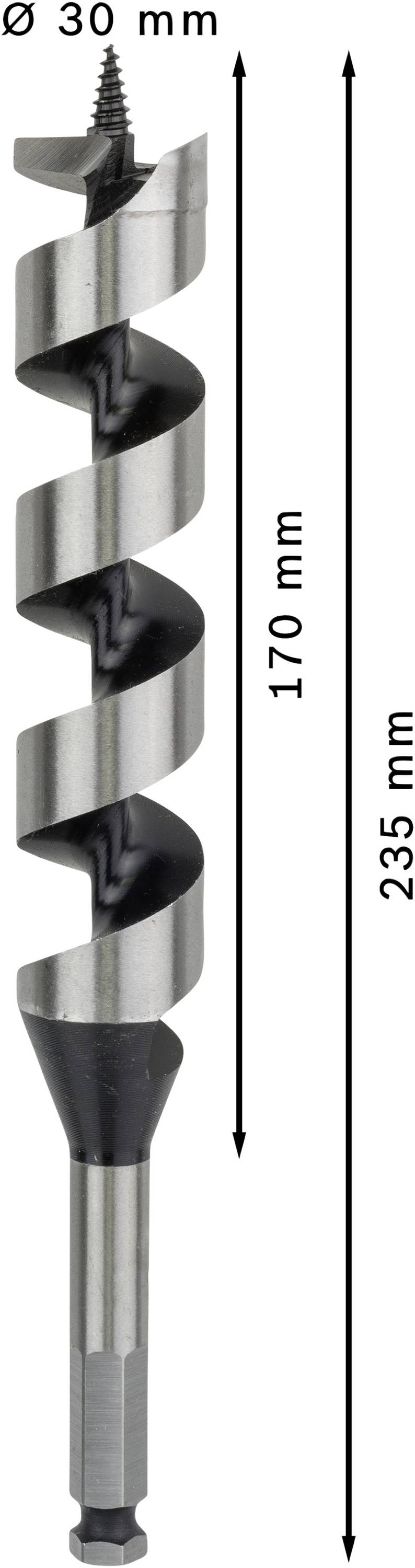 Wiertło o średnicy 30 mm i długości 235 mm. Część spiralna ma długość 170 mm.