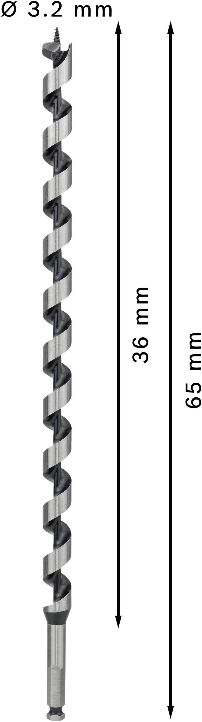Wiertło o średnicy 3,2 mm, spiralne. Podane dwie długości: 36 mm i 65 mm.