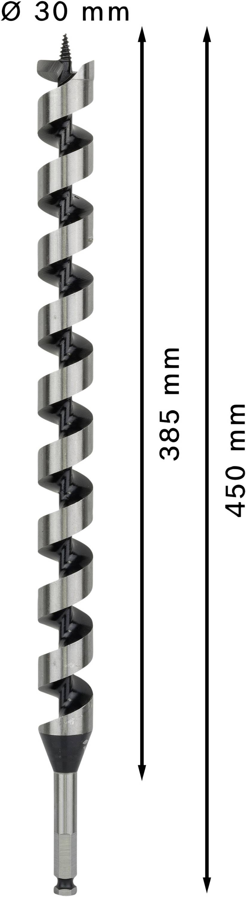 Świder spiralny o średnicy 30 mm i długości 450 mm, z czego 385 mm to długość użytkowa. Końcówka ma gwintownik.