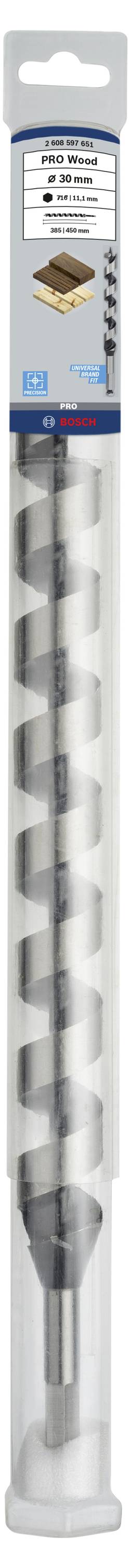 Opakowanie z długim wiertłem, odpowiednim do prac w drewnie, szczegółowe informacje o rozmiarze i producencie na górze opakowania.