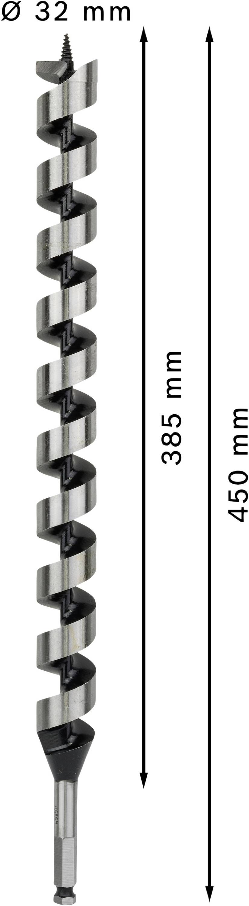 Wiertło o średnicy 32 mm i długości 450 mm, z czego 385 mm to spiralny obszar wiercący.
