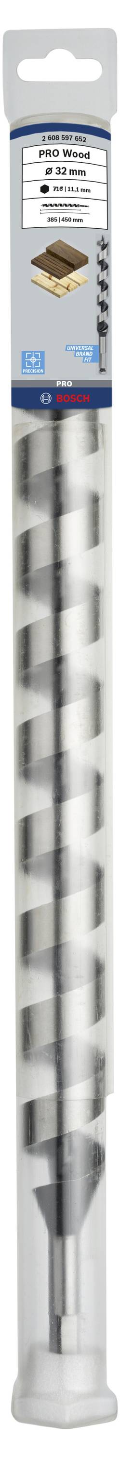 Wiertło w okrągłym plastikowym opakowaniu, odpowiednie do prac w drewnie, długość 6,5 cala. Opakowanie przedstawia zastosowania z symbolem drewna.