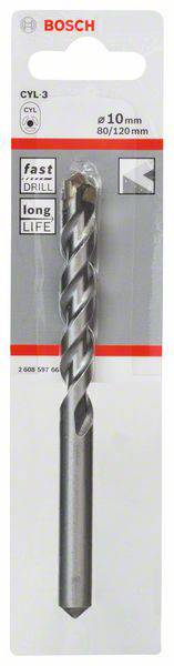 Wiertło Bosch, model CYL-3, średnica 10 mm, długość 80/320 mm, wiertło do betonu z specjalnym zakończeniem zapewniającym długotrwałość. Opakowanie zawiera logo 'fast drill', 'long life'.