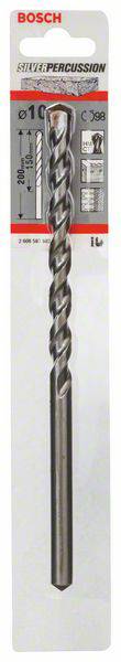 Wiertło Bosch w opakowaniu, model Percussion w kolorze srebrnym, średnica 10 mm, długość 160 mm, na pierwszym planie na białym tle.