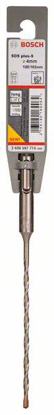 Wiertło Bosch, SDS Plus-5, 10 x 165 mm, z srebrną końcówką wiercącą i wskazówkami na opakowaniu do zastosowań w betonie i murze.