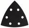 Czarny, trójkątny papier ścierny z pięcioma okrągłymi otworami, odpowiedni do szlifierki oscylacyjnej.