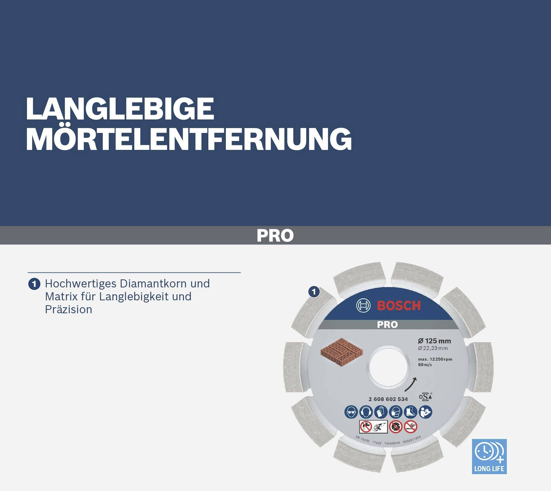 Tarcza do usuwania zaprawy Bosch z serii 'Pro'. Tekst: 'Trwałe usuwanie zaprawy'. Cechy podkreślają diamentowe rdzenie i precyzję.