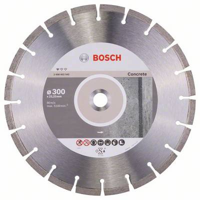 Diamentowa tarcza tnąca Bosch do betonu. Średnica 300 mm, prędkość cięcia 80 m/s, maks. 5100 obr./min.