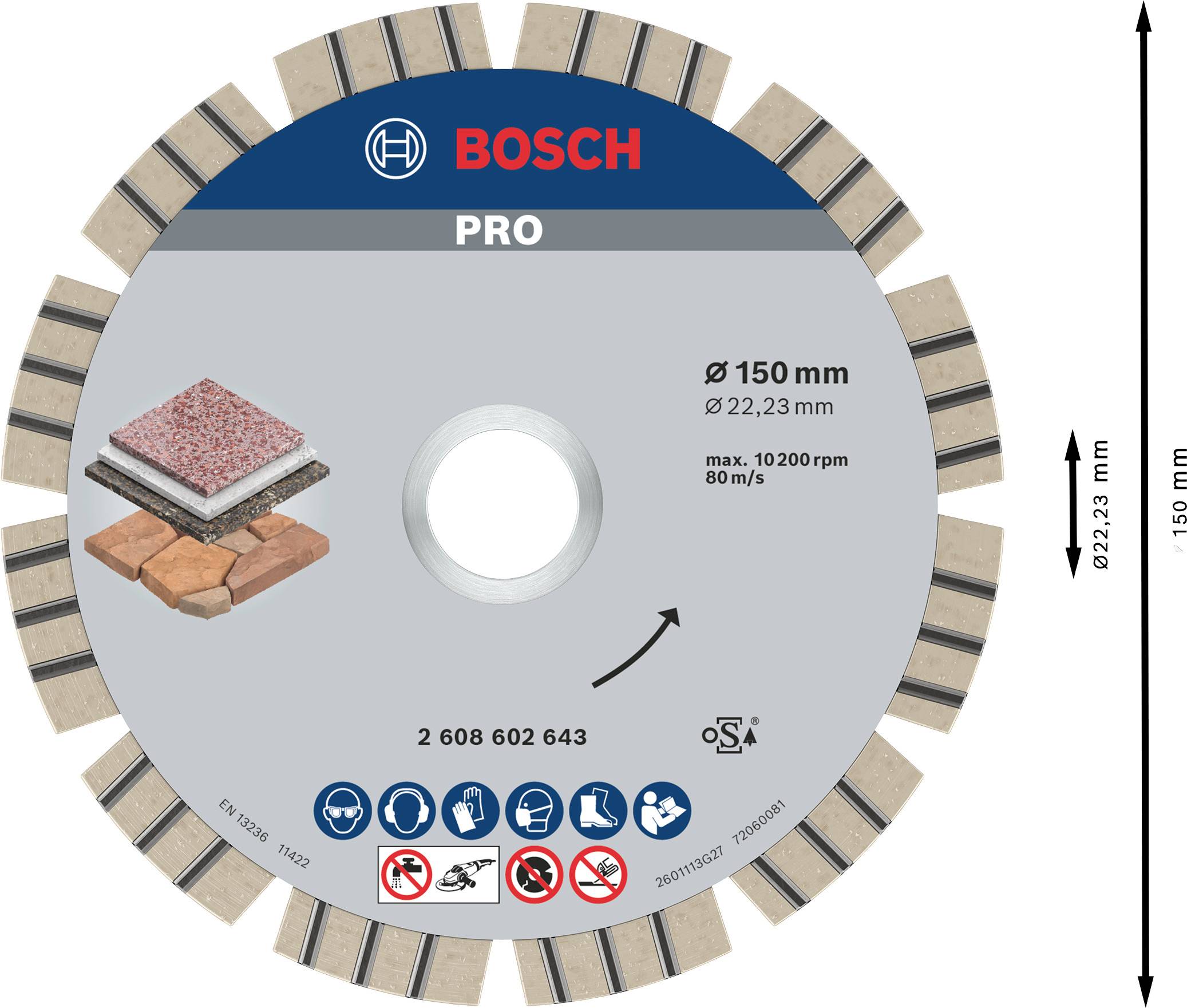 Tarcza tnąca Bosch Pro, średnica 150 mm, przeznaczona do cegły i betonu, maksymalna prędkość obrotowa 10.200 obr/min, 80 m/s.
