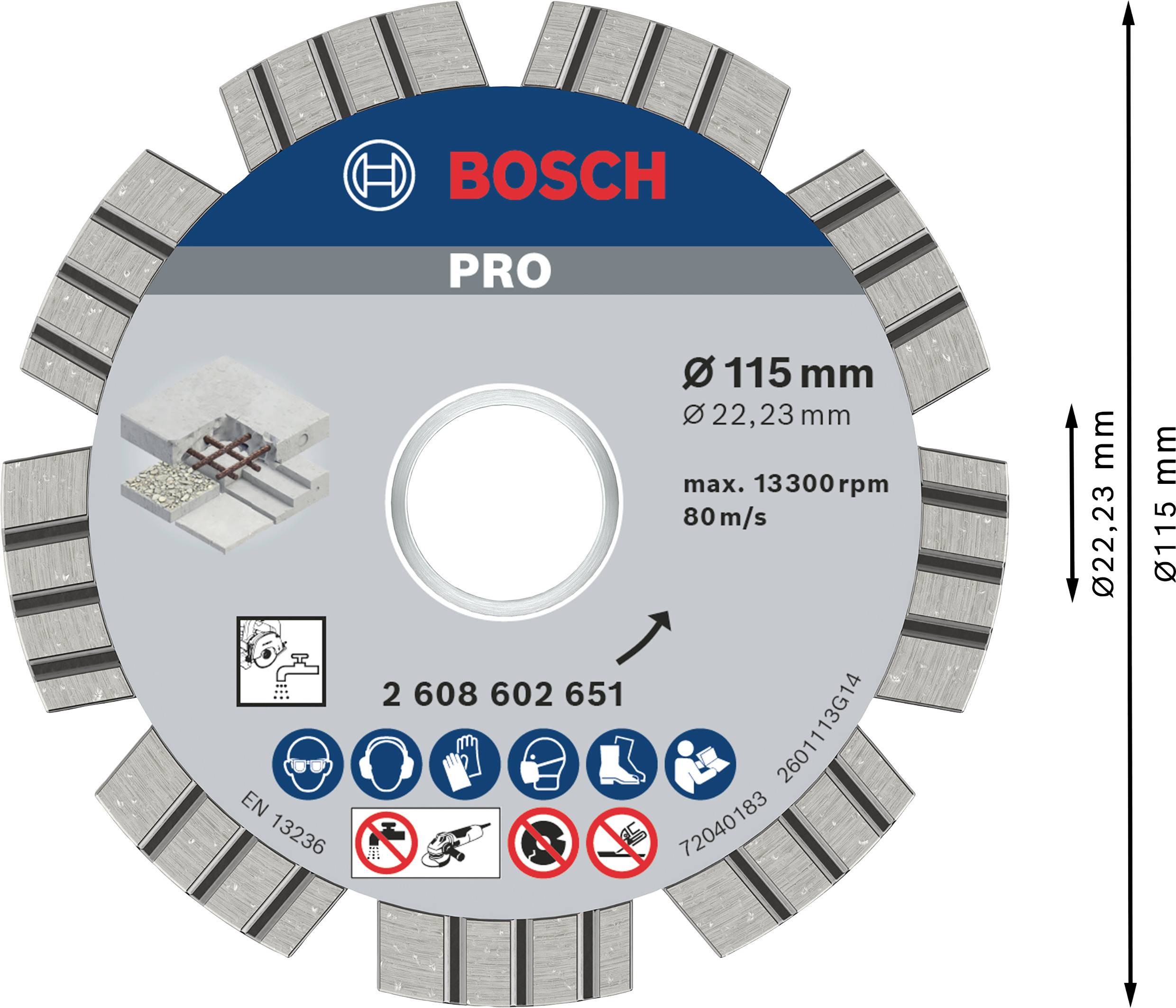 Tarcza diamentowa Bosch Pro, Ø 115 mm, otwór 22,23 mm, maks. 13.300 obr/min, przeznaczona do płytek. Symbole bezpieczeństwa w zestawie.