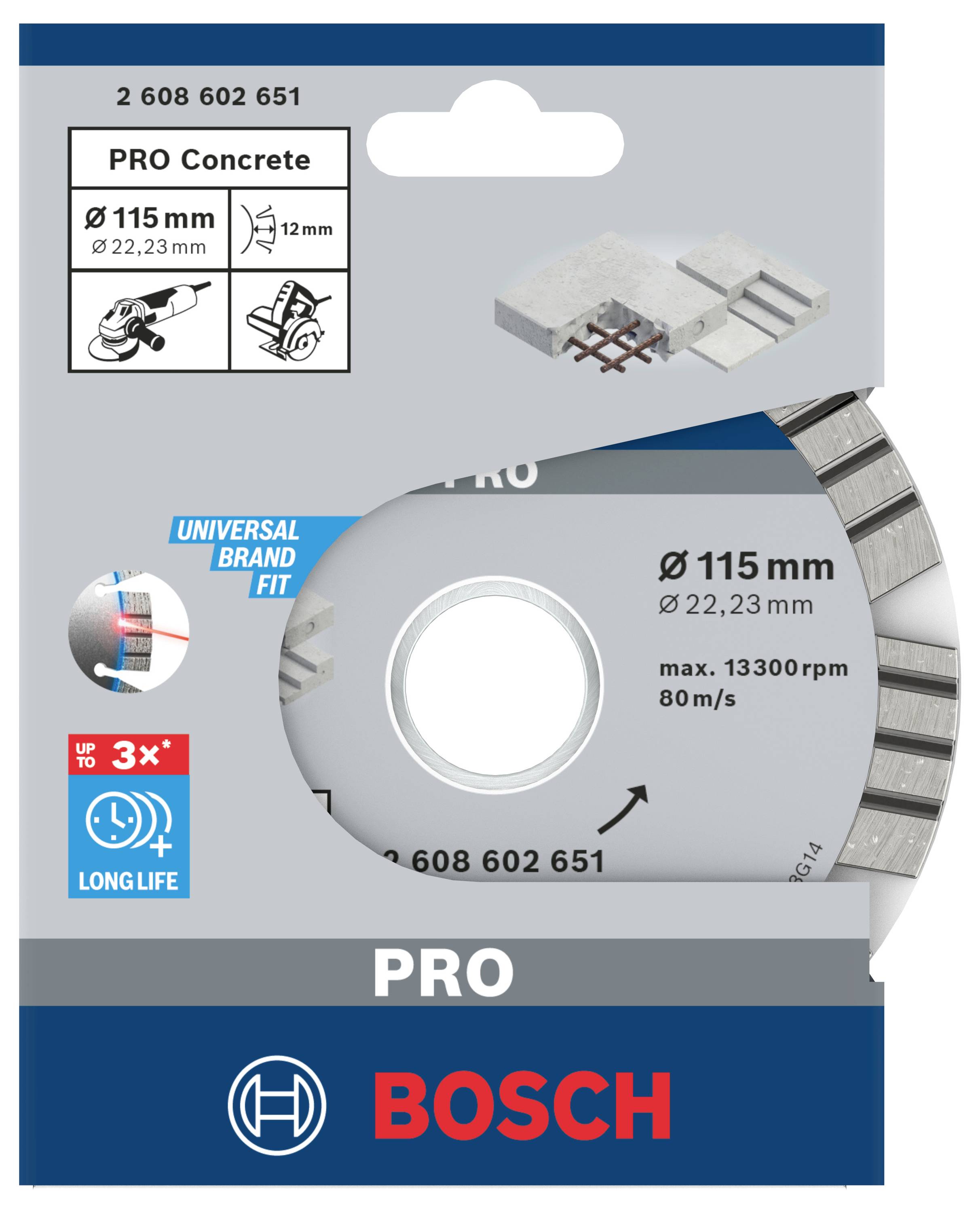 Opakowanie tarczy tnącej Bosch PRO Concrete (Ø 115mm) do betonu, maks. prędkość obrotowa 13.300 obr/min, pokazuje trwałość i uniwersalne dopasowanie.